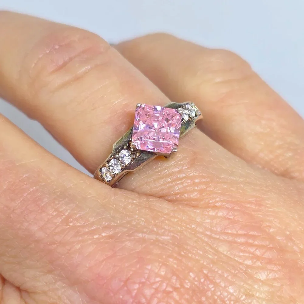 Vintage Sterling Silver Ring with Princess Cut Pink Solitaire Cubic Zirconia
